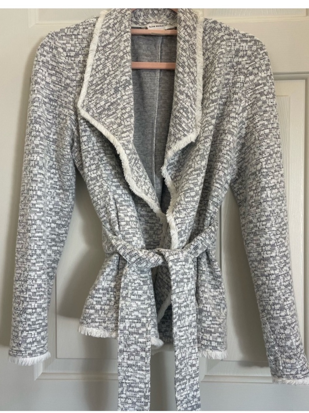 🖤🤍Club Monaco🤍🖤 EUC Black/White/Grey Tweed Open Sweater Cardigan W/ Sash to Tie